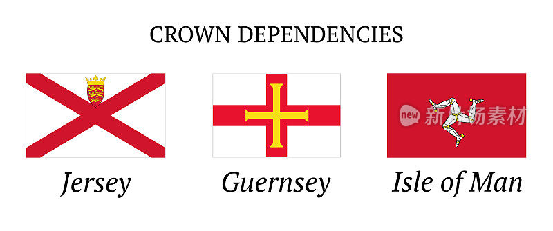 皇冠依赖标志设置。泽西岛、根西岛和马恩岛的旗帜。矢量插图。所有的都被隔离在白色上。