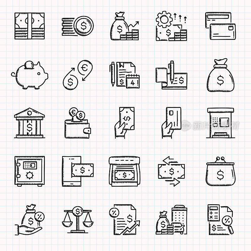 金钱相关的手绘图标集，涂鸦风格矢量插图