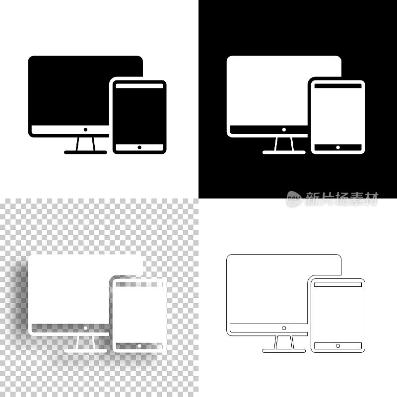 台式电脑和平板电脑。图标设计。空白，白色和黑色背景-线图标