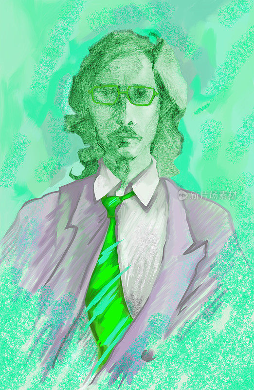 插图粉彩画肖像的年轻男子西装和领带在阳光绿色的背景上的眼镜长头发