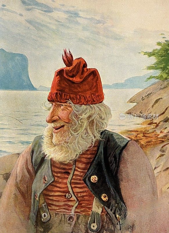 快乐的挪威农民戴着一顶红帽子，背景是峡湾