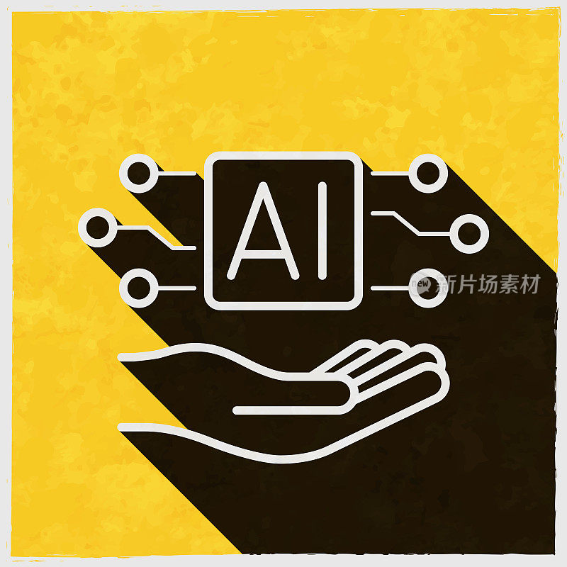 人工智能AI在手。图标与长阴影的纹理黄色背景