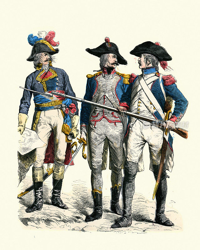 18世纪后期的法国士兵，将军，步兵军官，线步兵，军事历史制服和武器