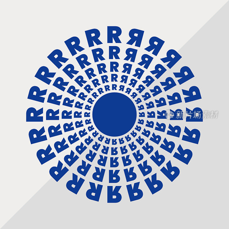 R字母模式概念曼荼罗矢量插图。R文本纹理曼荼罗设计。蓝色概念简单曼荼罗矢量设计。