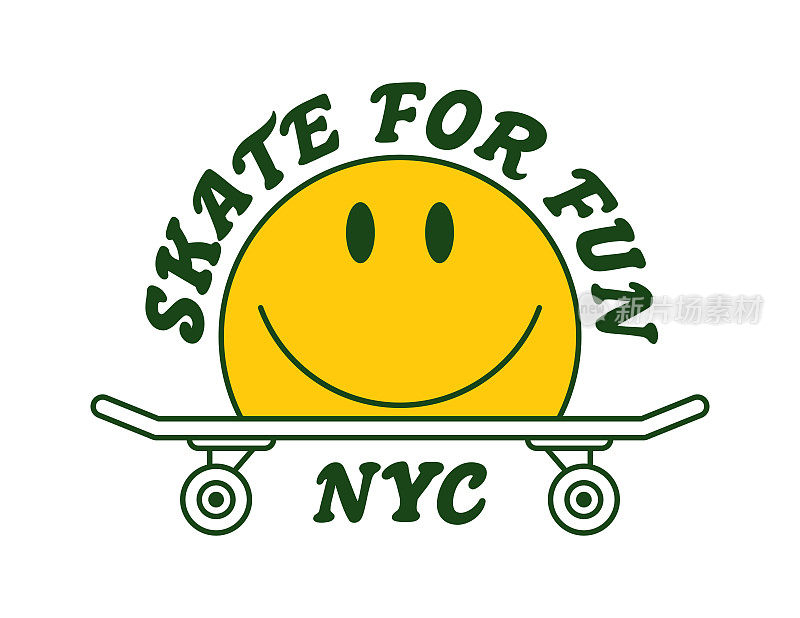 滑板t恤设计与滑冰，表情微笑和口号。排版图形的纽约t恤上的滑板主题与微笑。打印服装。向量