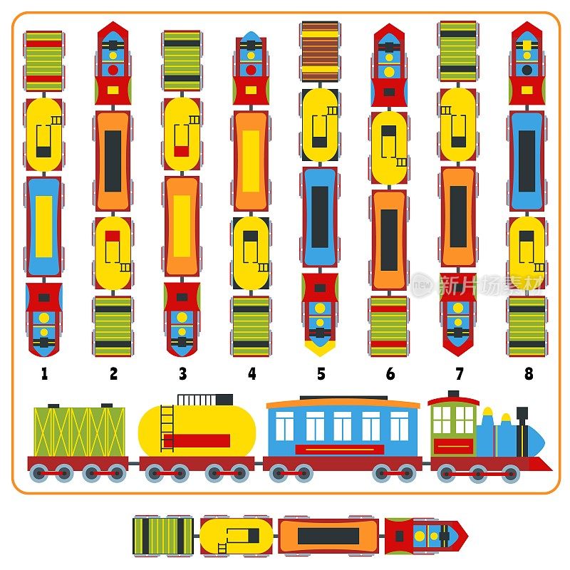 训练逻辑游戏。找到正确的俯视图版本的机车列车与车厢，三维拼图测试矢量插图