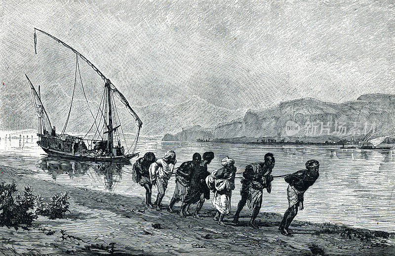 19世纪埃及的罗孚尼罗河上拖着一艘达哈比船