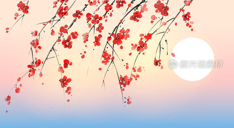 水墨画盛开的日本樱花，梅花和日出的天空。传统的东方水墨画，眉娥，宇仙，郭华。象形文字-双重运气。