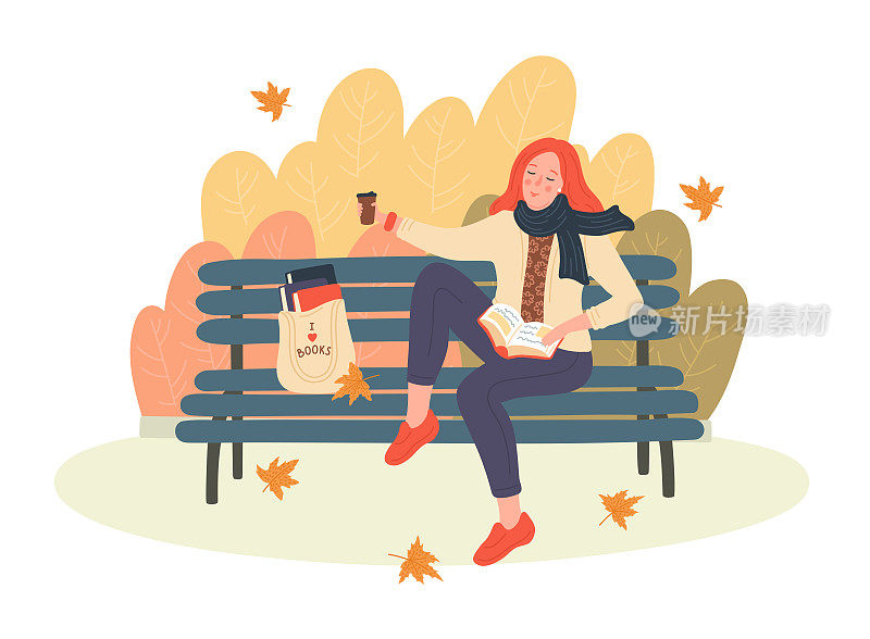 一个女人在秋天的公园里读书。