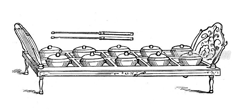古董插图，民族志和土著文化:乐器，佳美兰，印度尼西亚