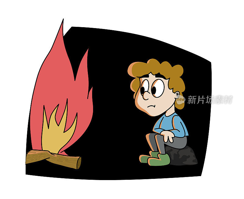 男孩，一个可爱的孩子晚上坐在石头上看着篝火。彩色卡通风格矢量插图。