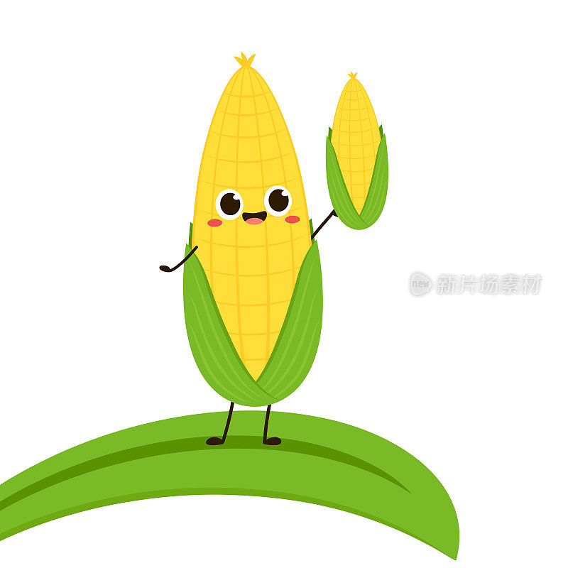 玉米卡通矢量。可爱的蔬菜矢量人物孤立在白色上。玉米的吉祥物。