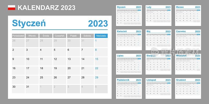 2023年波兰日历。一周从周一开始。简单的向量模板。业务设计计划。