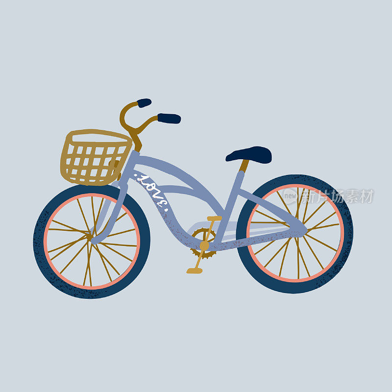 蓝色的城市自行车，前面有一个篮子。矢量插图。