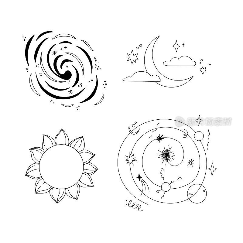 轮廓矢量插图-宇宙符号。有卫星、恒星和其他星座的线性行星。空间和星系。完美的标志，卡片，打印，品牌，贴纸