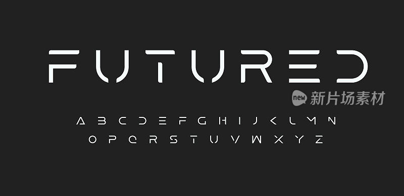现代未来字母表。尖端科幻，空间，未来字体。极简模块化风格的字母标志，标题，字母组合，海报，音乐或电影封面。矢量未来排版设计