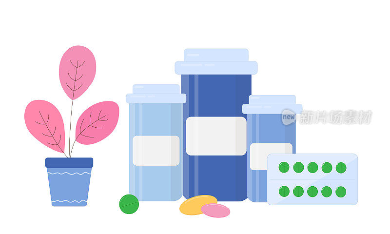 矢量医学图标:药瓶、胶囊、药筒、鼻喷雾剂。平面向量插图