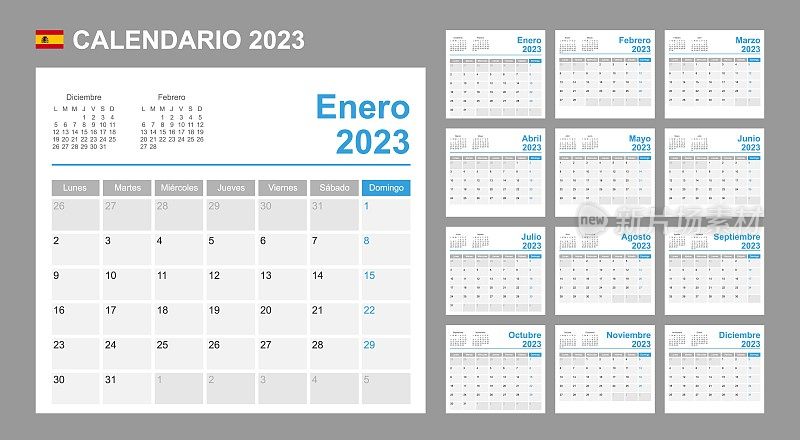 2023年的西班牙日历。一周从周一开始。简单的向量模板。业务设计计划。