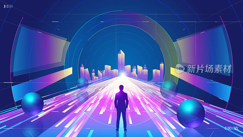 霓虹灯隧道通向未来城市未来科技空间背景