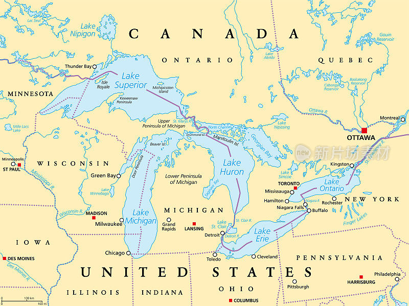 北美五大湖，一系列淡水湖，政治地图