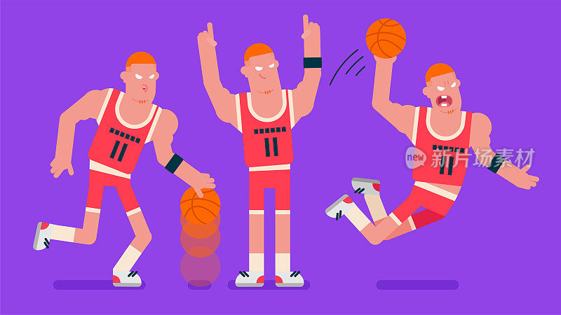 穿着红色篮球服的篮球运动员，带着球奔跑并制造超级扣篮，红头发的运动员得分后回顾自己，扁平的头像矢量插画。