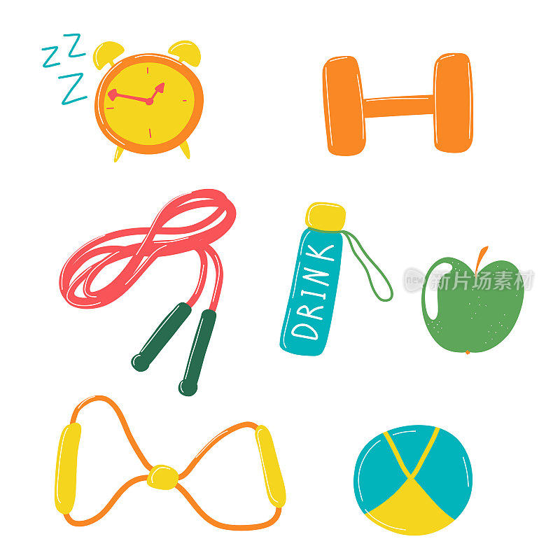 运动器材。健康的生活方式。适当的营养，睡眠时间表，哑铃，跳绳，膨胀器，饮水，水，瓶子。矢量插图孤立在白色背景上。