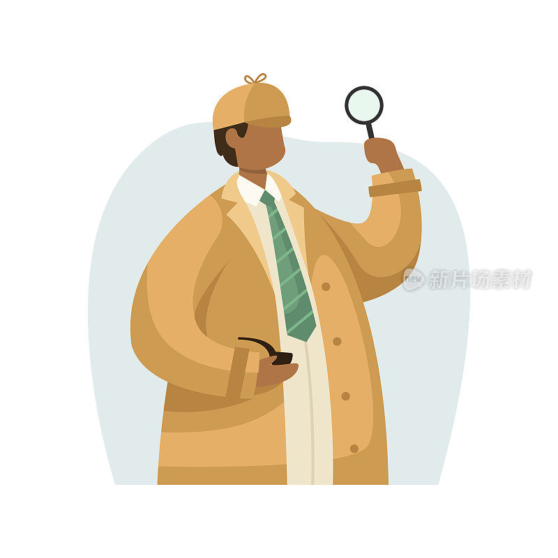 矢量插图，一个私人侦探在雨衣，手里拿着放大镜和一根烟斗。的职业。平的风格