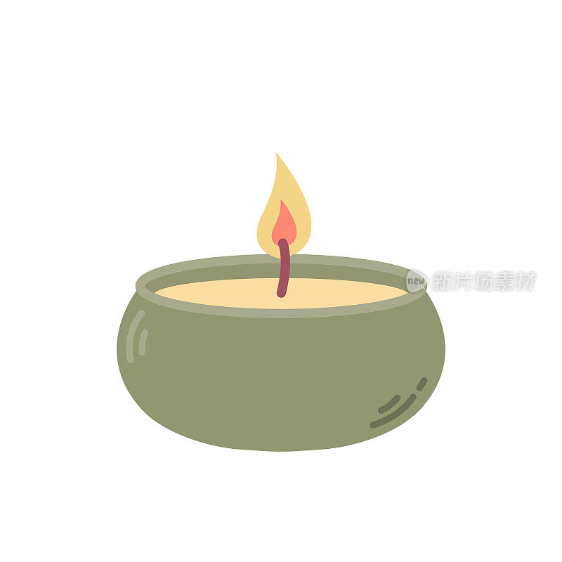 点燃的蜡烛在绿色烛台，矢量平面插图在白色背景