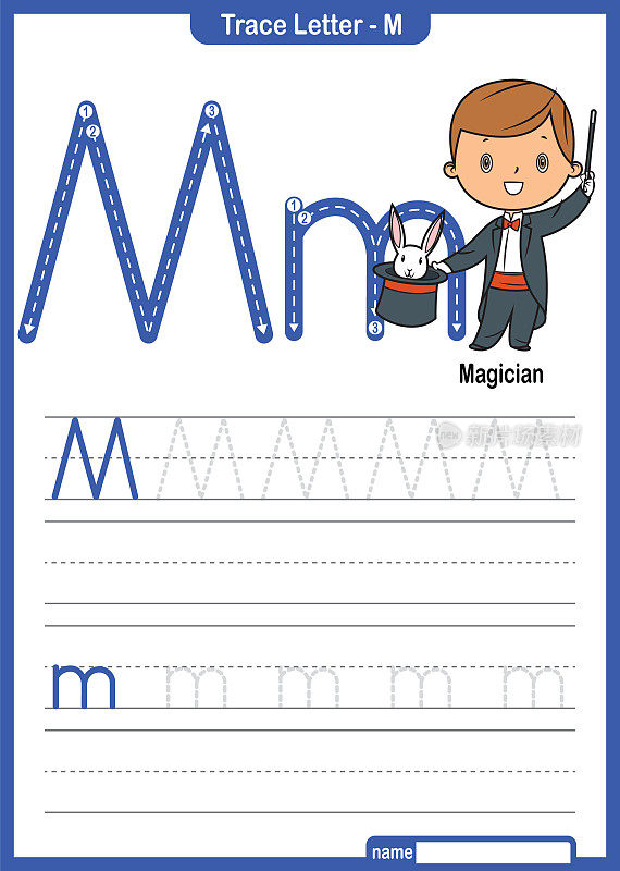 字母追踪字母A到Z学前工作表与字母M魔术师亲矢量