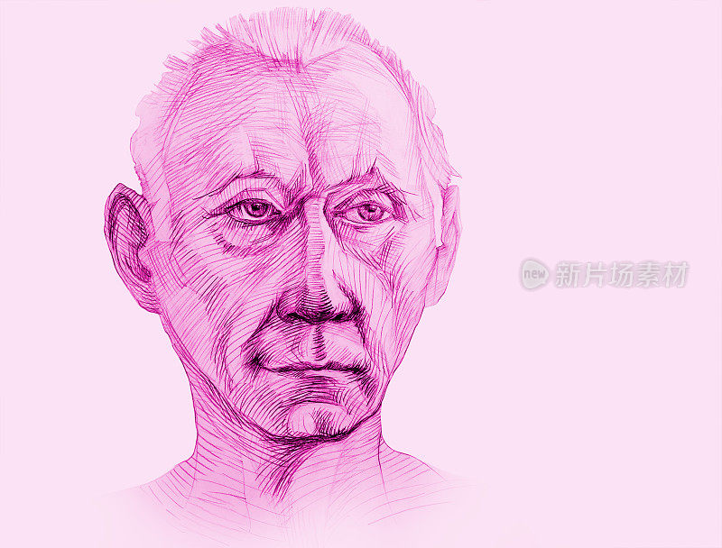 插图粉红色铅笔画肖像的男子短发和富有表现力的看在白色背景