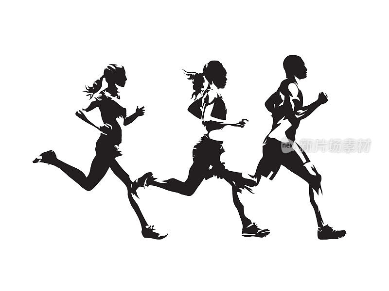 奔跑的人，孤立的矢量剪影。一群跑步者。男人和女人。运行