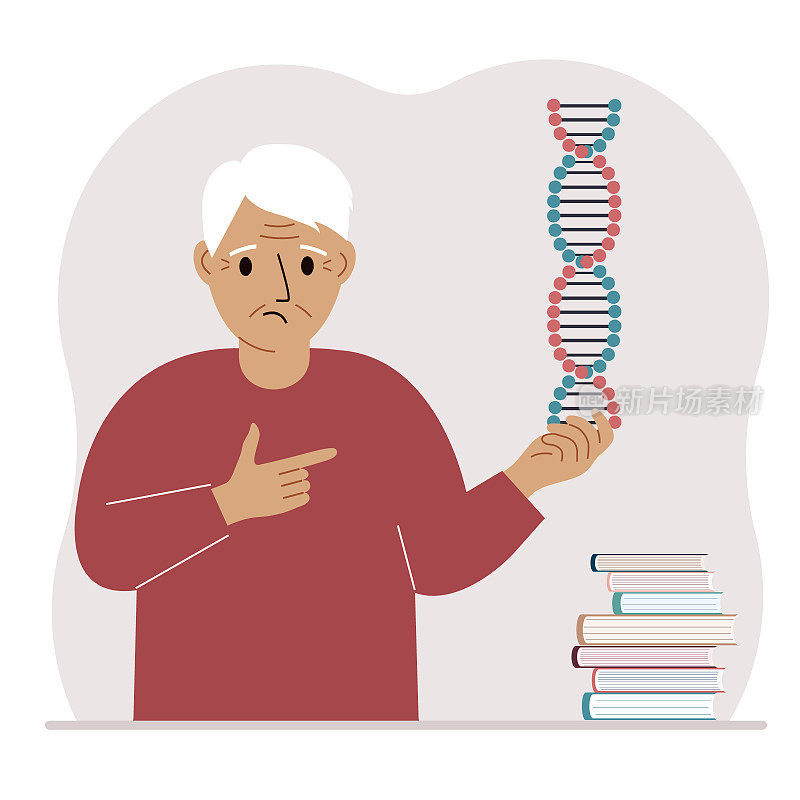 一名男子手里拿着一个DNA模型，旁边有很多书。