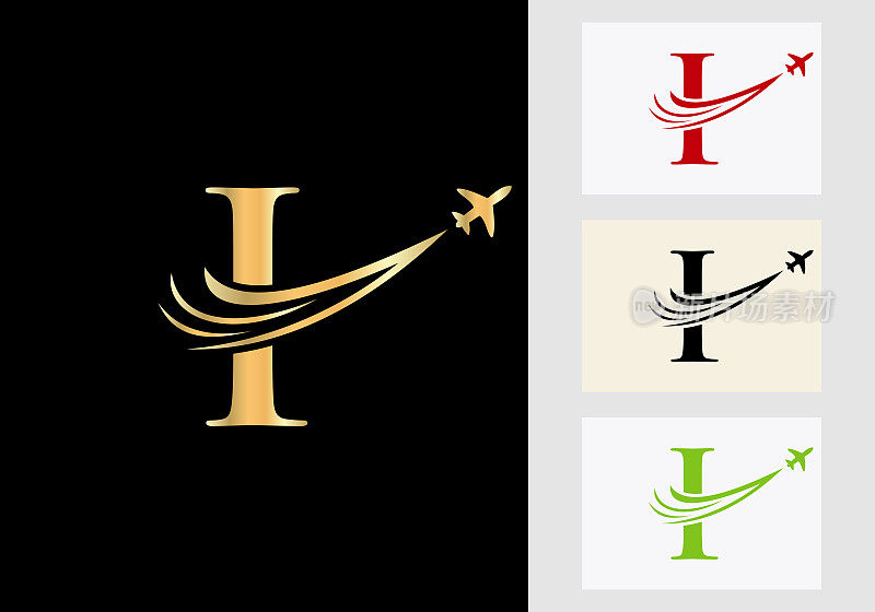 字母我旅行标志概念与飞行的飞机符号