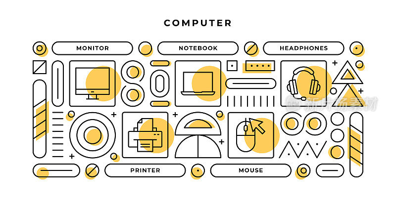 计算机信息图形概念与几何形状和显示器，笔记本电脑，打印机，鼠标线图标