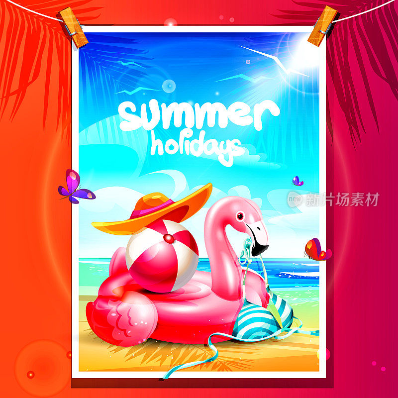 卡通风格的海滩度假概念。贴在晒衣夹上的海报，海报上有一只粉红色的充气火烈鸟和一个球，海滩上有一顶比基尼和帽子。