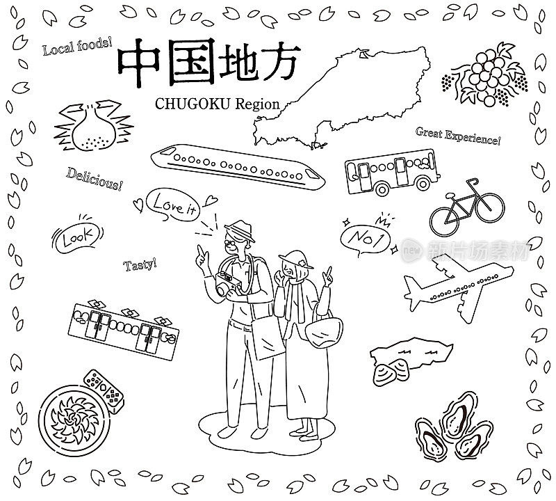 在日本Chugoku地区享受春天美食观光的老夫妇，图标套装(线条画黑白)