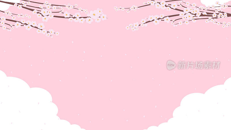 春天风景的背景模板，花瓣从樱花在云层密布的天空中跳舞(粉红色)