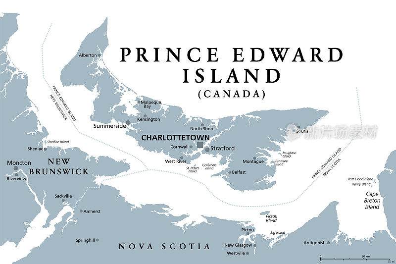 爱德华王子岛，加拿大沿海省份，灰色政治地图