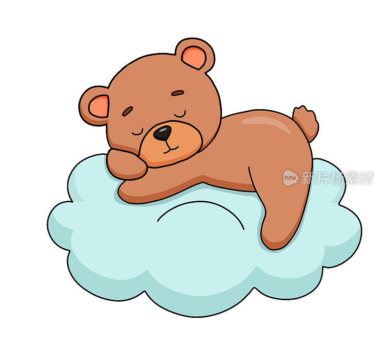 可爱的熊宝宝在云上做梦。卡通手绘矢量插图。小动物