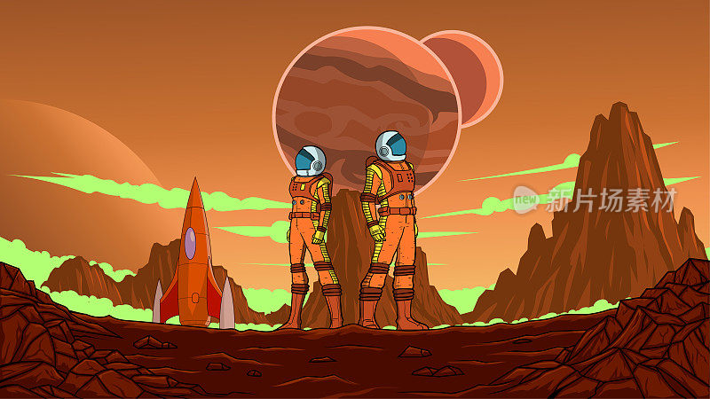 矢量复古科幻时代的宇航员团队降落在一个新的红色星球股票插图
