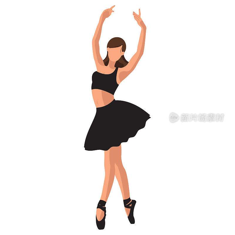 矢量插图古典芭蕾。白人女芭蕾舞演员在黑色芭蕾舞裙和足尖鞋跳舞在白色背景。美丽的年轻无面芭蕾舞女演员在平面风格。