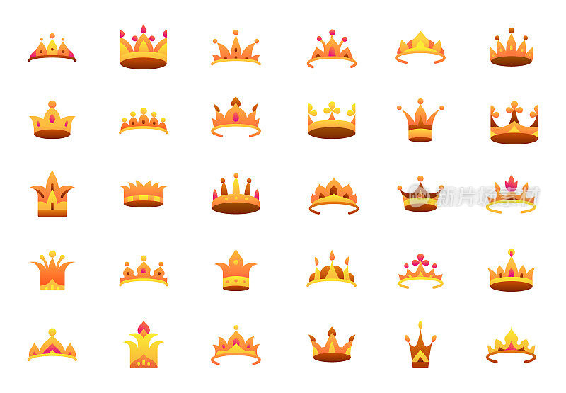 皇冠和皇冠的平面渐变图标集