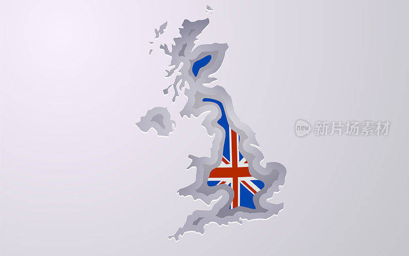 创意大不列颠地图与国旗的颜色剪纸风格。