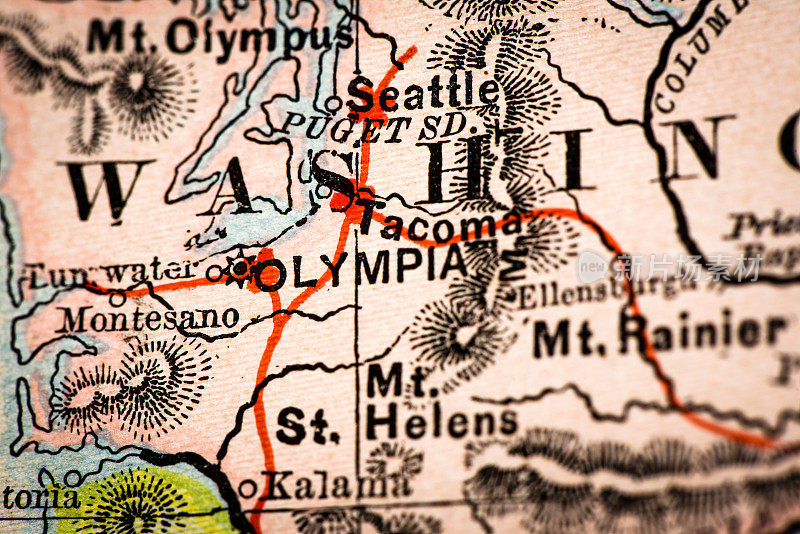 古董地图集地图宏观特写:奥林匹亚，华盛顿