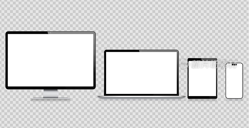 现实矢量模拟数字平板电脑，手机，智能手机，电脑显示器和笔记本电脑。现代数字设备。每股收益10。