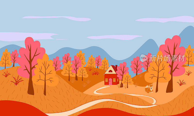 秋景有树、山、田、狐、房。乡村景观。秋天的背景。