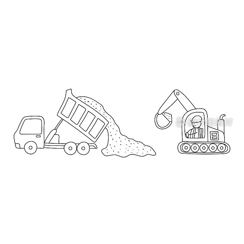 手绘矢量插图孩子绘制施工车辆，自卸卡车卸载砾石和挖土机疏浚他们。建筑工地工作场所的卡通风格