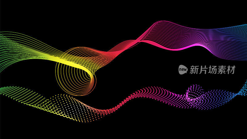 动态彩色梯度粒子波在黑色抽象背景。抽象声音可视化。发光粒子波流的数字结构。
