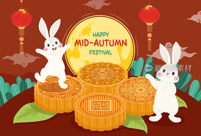 中秋快乐插画横幅。可爱的兔子和月饼和灯笼