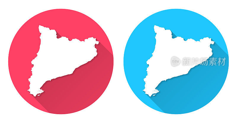 加泰罗尼亚的地图。圆形图标与长阴影在红色或蓝色的背景